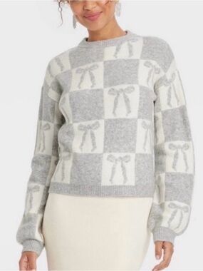 A New Day Women’s Checkered Bow Sweater Gray and Cream Size M
